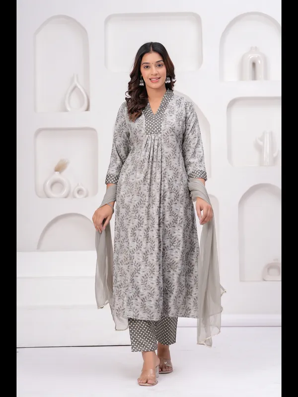 Grey_Printed_A-line_Rayon_Kurta_With_Pant_And_Dupatta