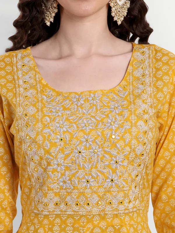 Mustard_Anarkali_Cotton_Printed_Embroidered_Kurta_With_Pant_And_Dupatta_For_Women