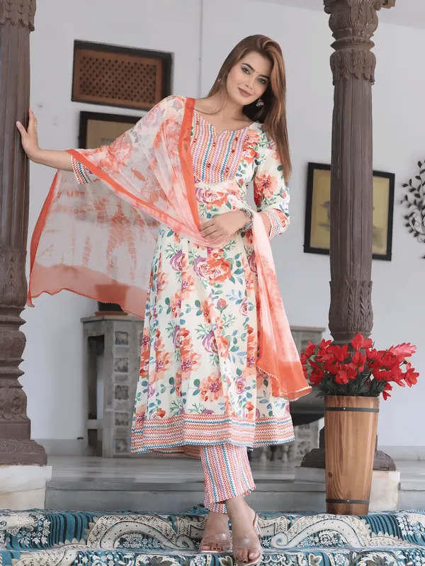 Orange_Anarkali_Cotton_Printd_Embroiderd_Kurta_With_Pant_And_Dupatta_Women_And_Girls