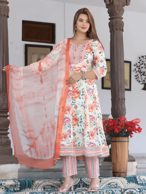 Orange_Anarkali_Cotton_Printd_Embroiderd_Kurta_With_Pant_And_Dupatta_Women_And_Girls