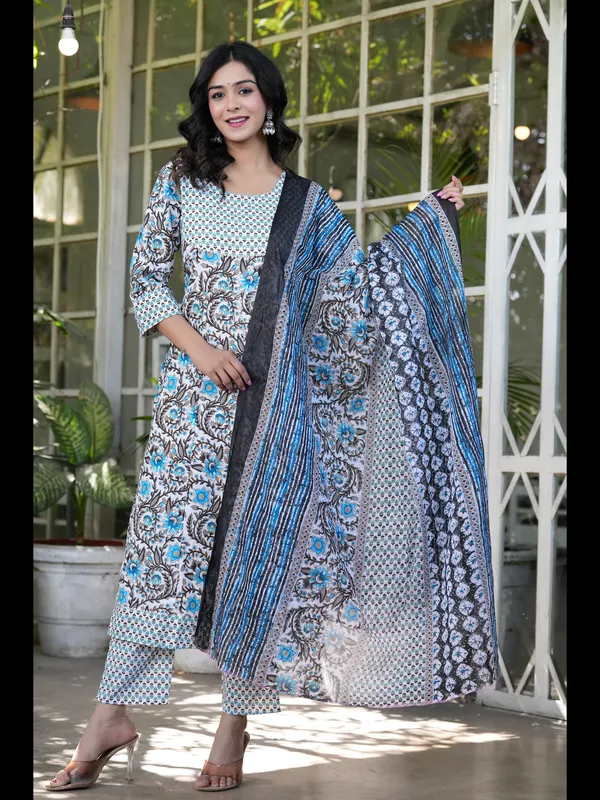 Sky_Blue_Printed_Anarkali_Pure_Cotton_Kurta_With_Pant_And_Dupatta