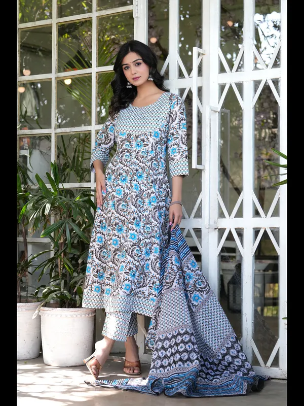 Sky_Blue_Printed_Anarkali_Pure_Cotton_Kurta_With_Pant_And_Dupatta