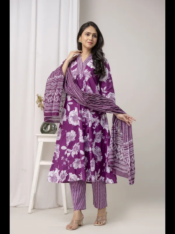 Wine_Printed_Cotton_A-Line_Kurta_With_Pant_And_Dupatta