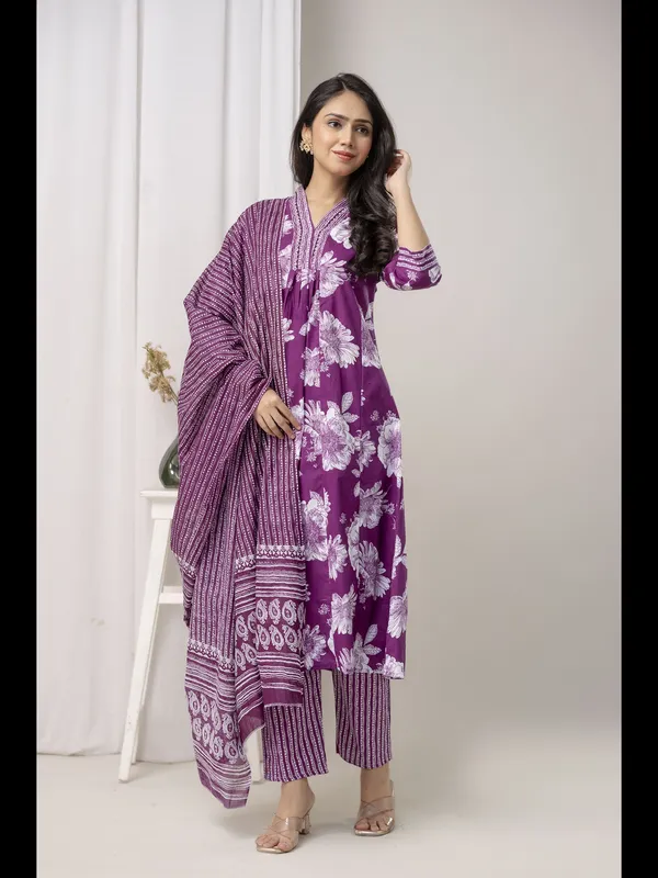 Wine_Printed_Cotton_A-Line_Kurta_With_Pant_And_Dupatta