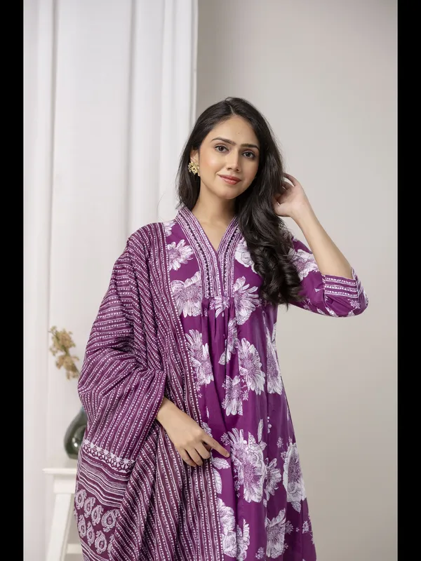 Wine_Printed_Cotton_A-Line_Kurta_With_Pant_And_Dupatta