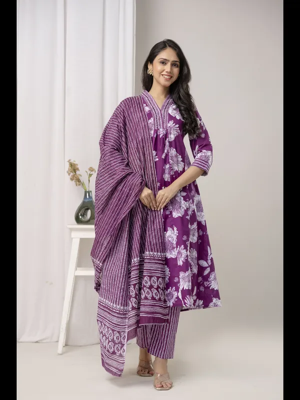 Wine_Printed_Cotton_A-Line_Kurta_With_Pant_And_Dupatta