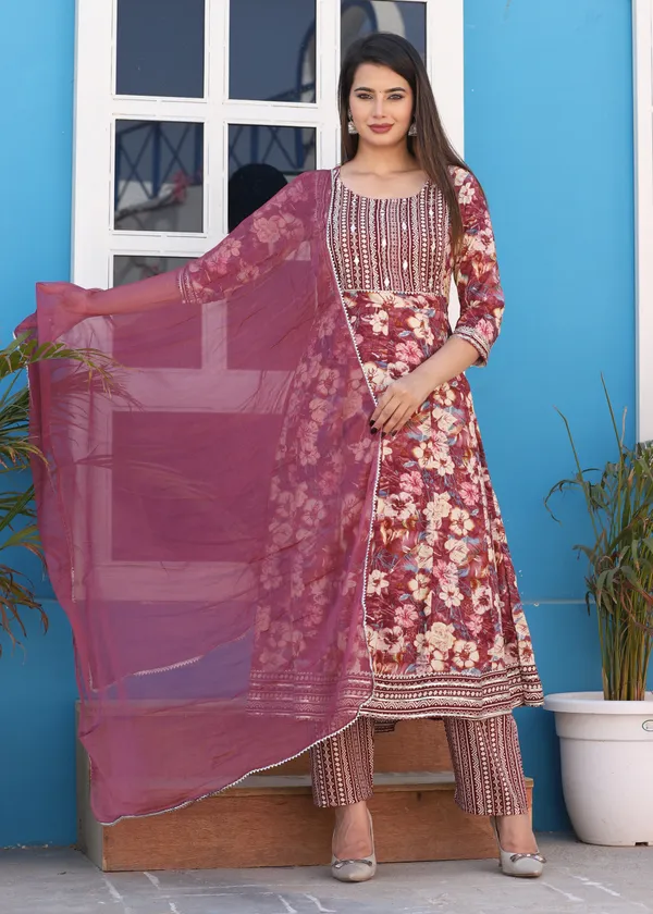 Brown_Anarkali_Rayon_Printd_Embroiderd_Kurta_With_Pant_And_Dupatta_Women_And_Girls