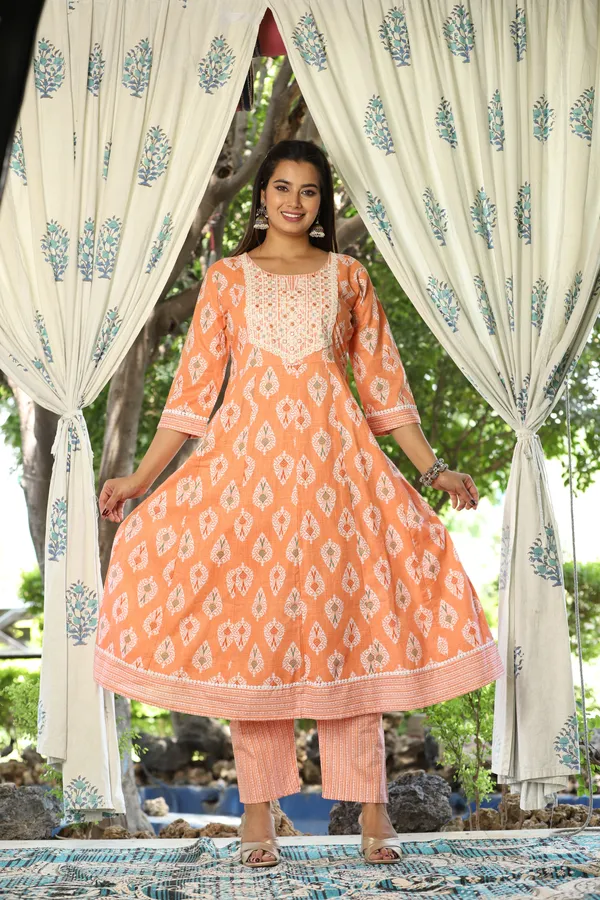 Orange_Anarkali_Cotton_Printed_Embroidered_Kurta_With_Pant_Dupatta