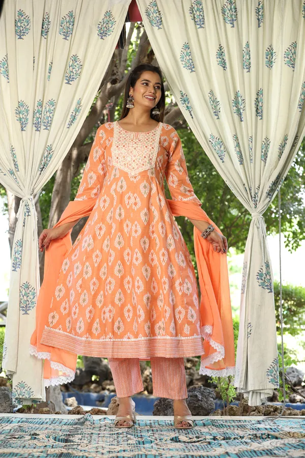 Orange_Anarkali_Cotton_Printed_Embroidered_Kurta_With_Pant_Dupatta