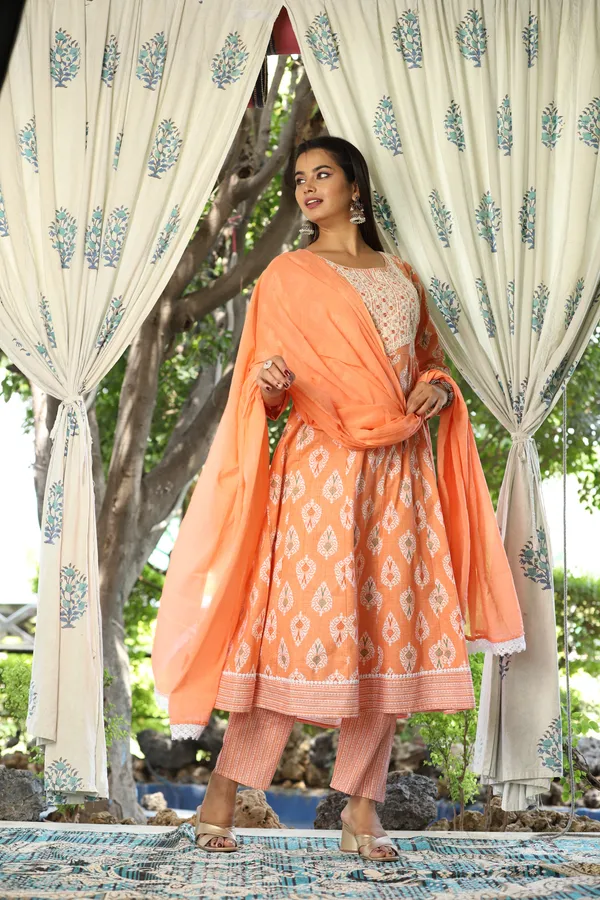Orange_Anarkali_Cotton_Printed_Embroidered_Kurta_With_Pant_Dupatta