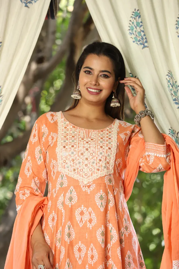 Orange_Anarkali_Cotton_Printed_Embroidered_Kurta_With_Pant_Dupatta