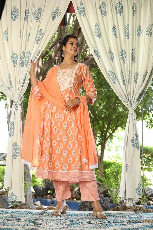 Orange_Anarkali_Cotton_Printed_Embroidered_Kurta_With_Pant_Dupatta