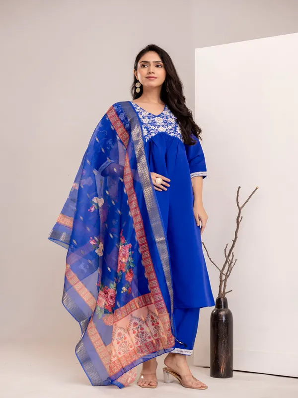 Blue_Silk_Cotton_Printd_Embroiderd_Kurta_With_Pant_And_Dupatta_Women_And_Girls