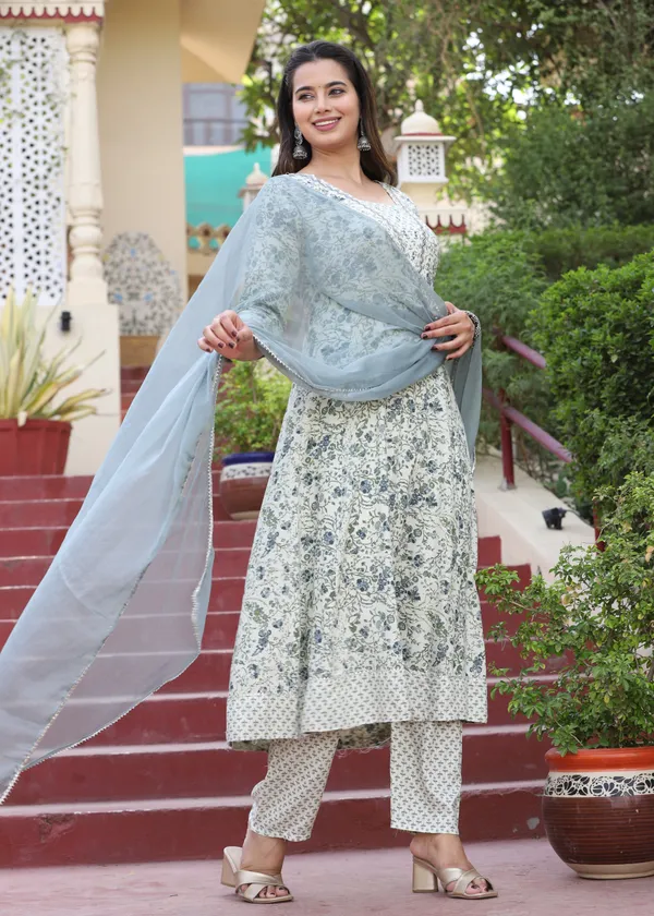 Cream_Anarkali_Rayon_Kurta_With_Pant_And_Dupatta_For_Women