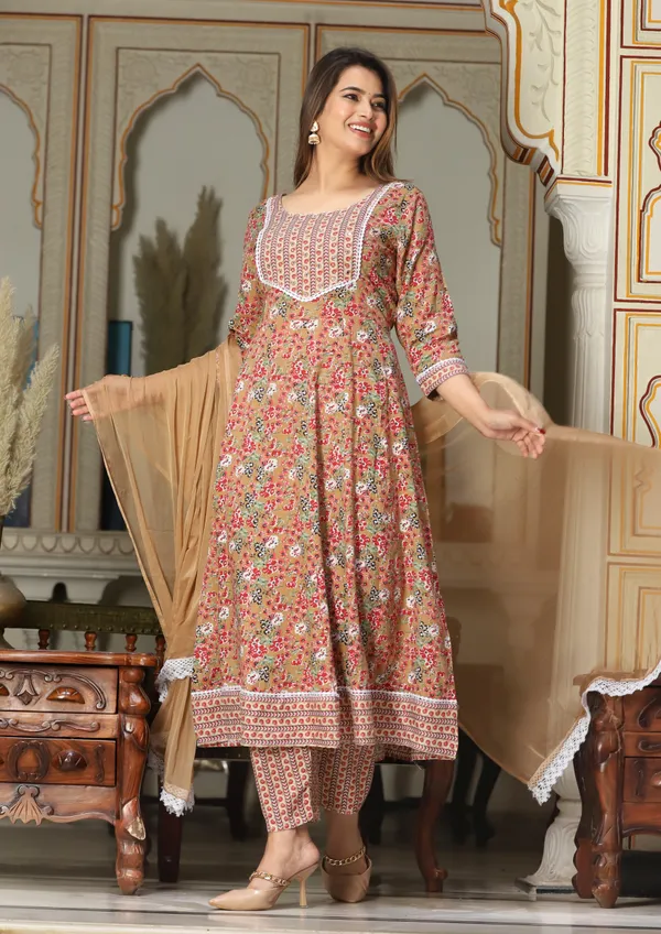 Brown_Anarkali_Rayon_Kurta_With_Pant_And_Dupatta_For_Women