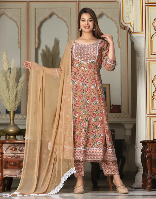 Brown_Anarkali_Rayon_Kurta_With_Pant_And_Dupatta_For_Women