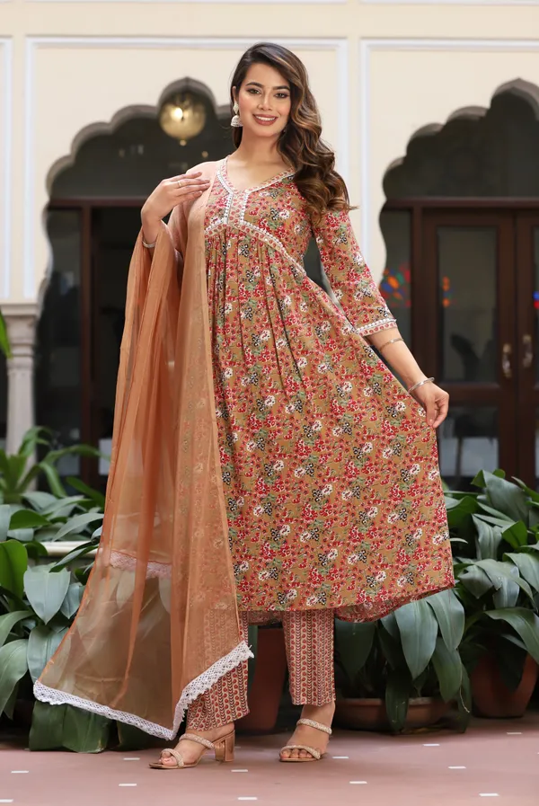 Brown_Anarkali_Rayon_Kurta_With_Pant_And_Dupatta_For_Women