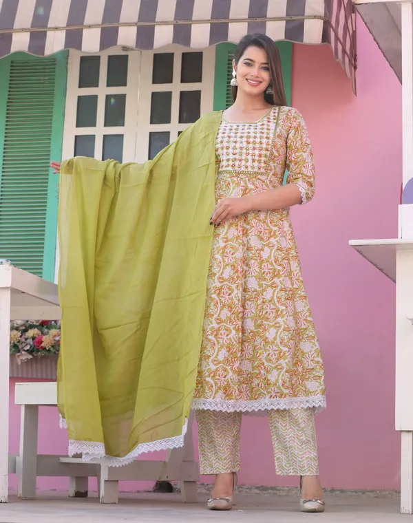 Green_Anarkali_Cotton_Printd_Embroiderd_Kurta_With_Pant_And_Dupatta_Women_And_Girls