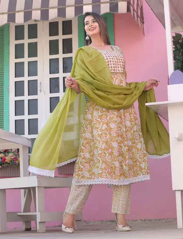 Green_Anarkali_Cotton_Printd_Embroiderd_Kurta_With_Pant_And_Dupatta_Women_And_Girls