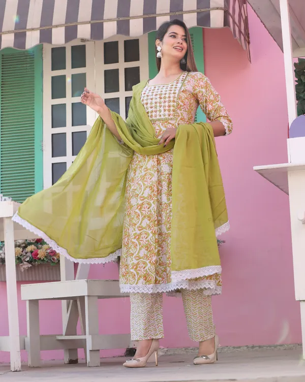Green_Anarkali_Cotton_Printd_Embroiderd_Kurta_With_Pant_And_Dupatta_Women_And_Girls