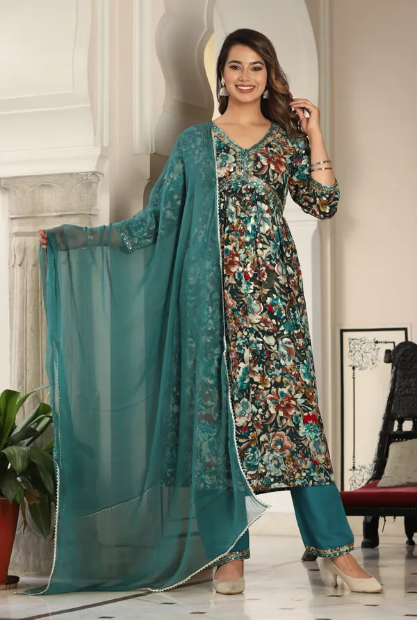 Green_Alia_Cut_Rayon_Printd_Embroiderd_Kurta_With_Pant_And_Dupatta_Women_And_Girls