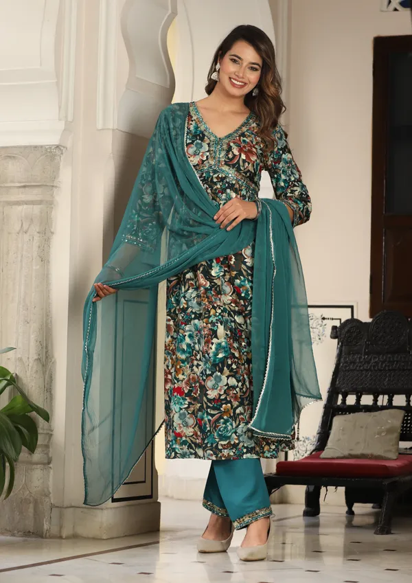 Green_Alia_Cut_Rayon_Printd_Embroiderd_Kurta_With_Pant_And_Dupatta_Women_And_Girls