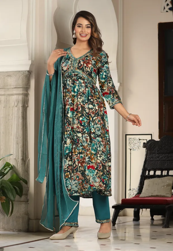Green_Alia_Cut_Rayon_Printd_Embroiderd_Kurta_With_Pant_And_Dupatta_Women_And_Girls