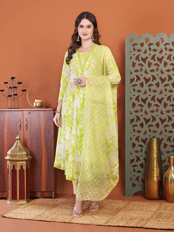 Green_Anarkali_Cotton_Printed_Self_Design_Kurta_With_Pant_And_Dupatta_Women_And_Girls