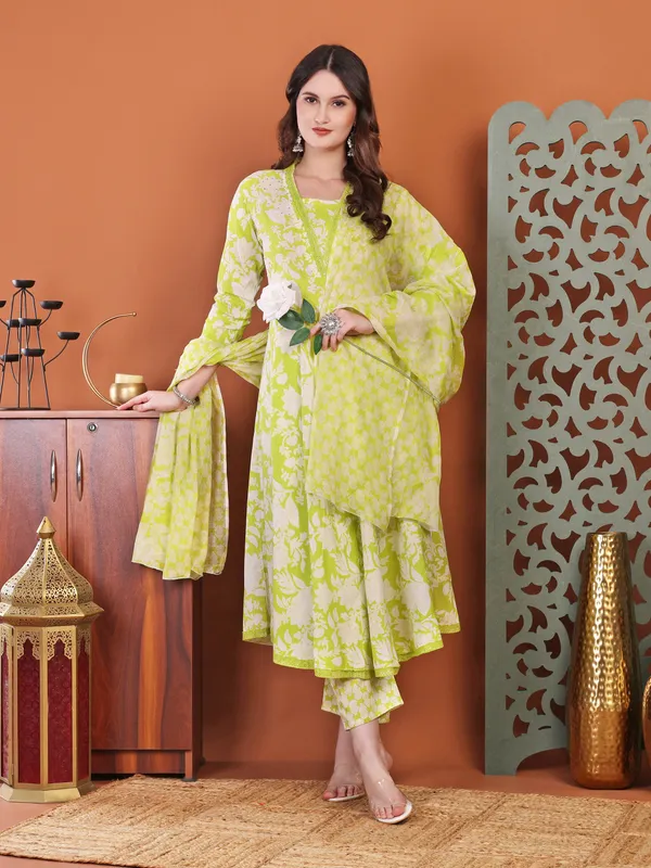 Green_Anarkali_Cotton_Printed_Self_Design_Kurta_With_Pant_And_Dupatta_Women_And_Girls