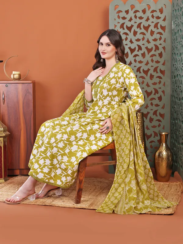 Mehdi_Brown_Anarkali_Cotton_Printed_Self_Design_Kurta_With_Pant_And_Dupatta_Women_And_Girls