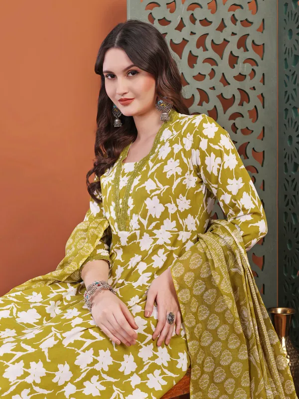 Mehdi_Brown_Anarkali_Cotton_Printed_Self_Design_Kurta_With_Pant_And_Dupatta_Women_And_Girls