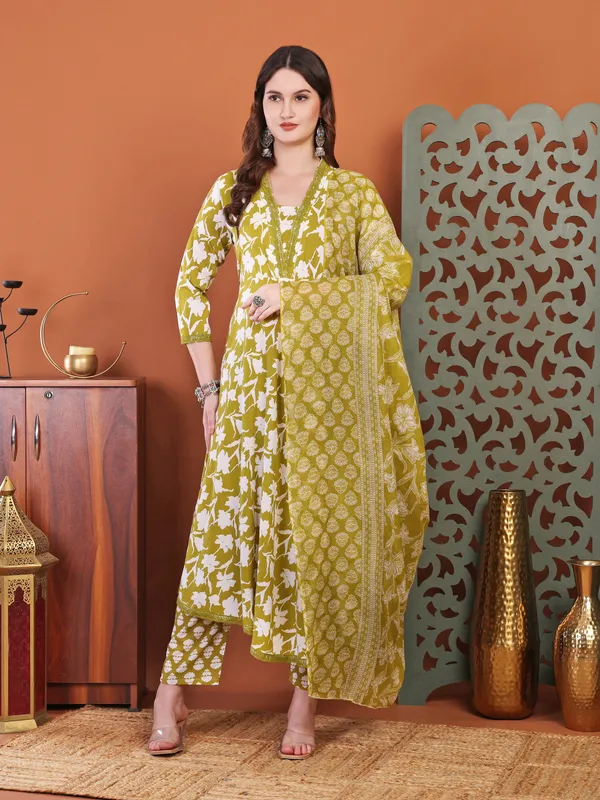 Mehdi_Brown_Anarkali_Cotton_Printed_Self_Design_Kurta_With_Pant_And_Dupatta_Women_And_Girls