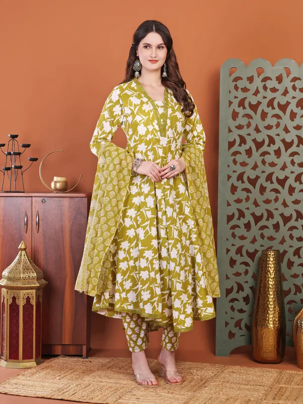 Mehdi_Brown_Anarkali_Cotton_Printed_Self_Design_Kurta_With_Pant_And_Dupatta_Women_And_Girls