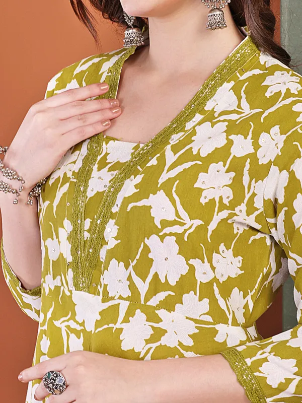 Mehdi_Brown_Anarkali_Cotton_Printed_Self_Design_Kurta_With_Pant_And_Dupatta_Women_And_Girls