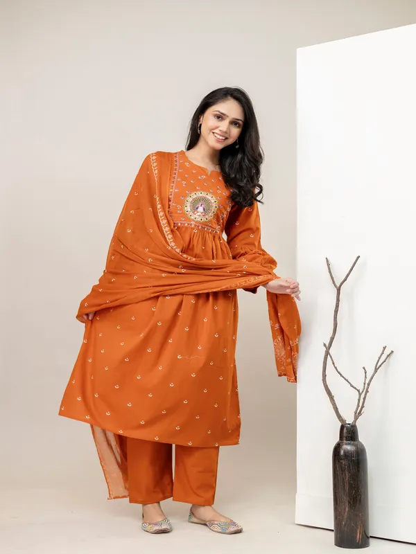 Rust_Aline_Cotton_Printed_Kurta_With_Pant_And_Dupatta_Women_And_Girls
