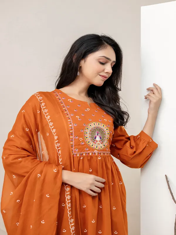 Rust_Aline_Cotton_Printed_Kurta_With_Pant_And_Dupatta_Women_And_Girls