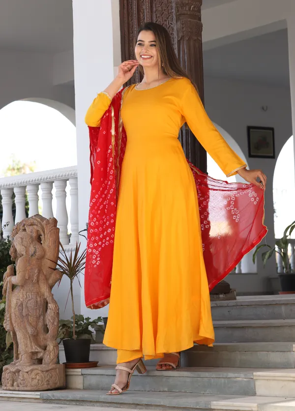 Mustard_Anarkali_Rayon_Kurta_With_Pant_And_Dupatta_For_Women
