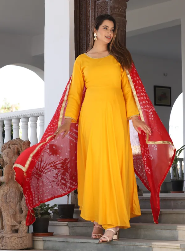 Mustard_Anarkali_Rayon_Kurta_With_Pant_And_Dupatta_For_Women
