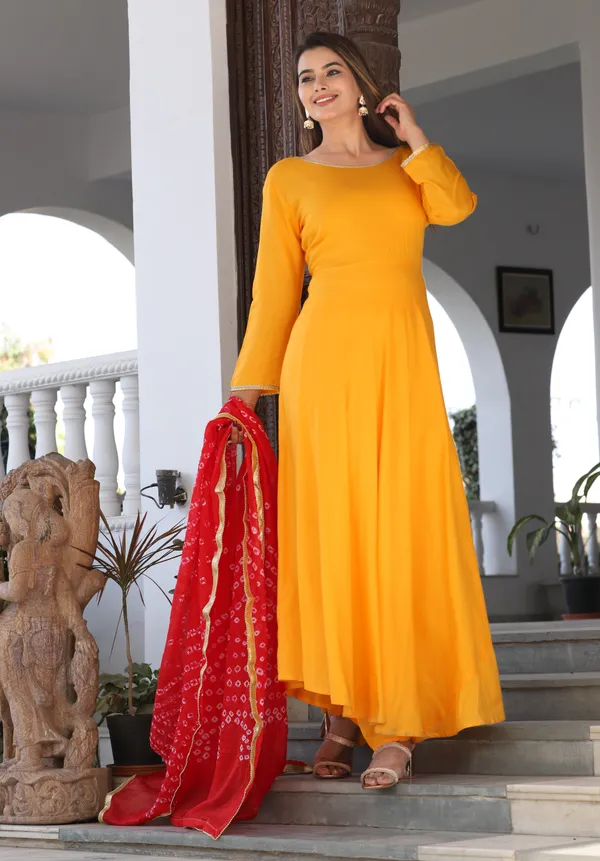 Mustard_Anarkali_Rayon_Kurta_With_Pant_And_Dupatta_For_Women