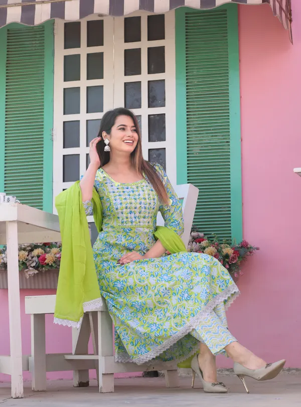 Green_Anarkali_Cotton_Printd_Embroiderd_Kurta_With_Pant_And_Dupatta_Women_And_Girls
