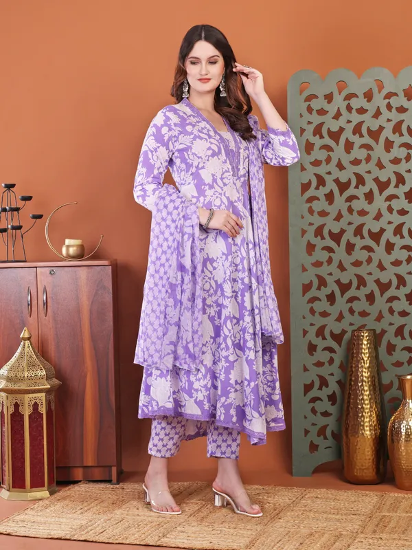Purple_Anarkali_Cotton_Printed_Self_Design_Kurta_With_Pant_And_Dupatta_Women_And_Girls
