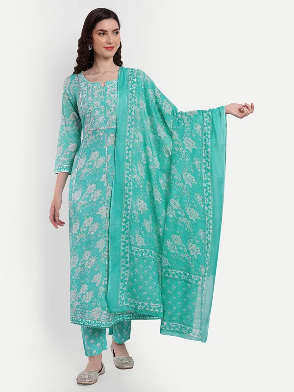 Aqua_Anarkali_Cotton_Printed_Embroidered_Kurta_With_Pant_And_Dupatta_For_Women