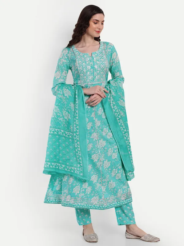 Aqua_Anarkali_Cotton_Printed_Embroidered_Kurta_With_Pant_And_Dupatta_For_Women