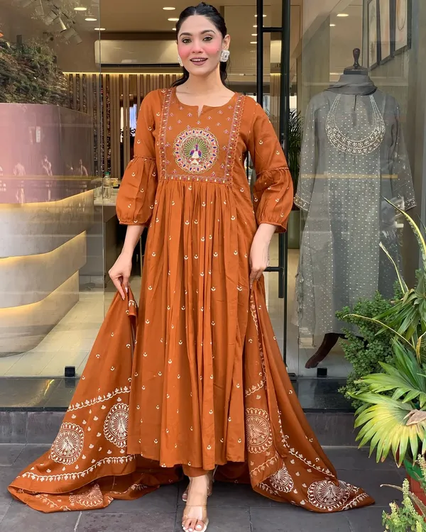 Rust_Anarkali_Cotton_Printd_Embellished_Kurta_With_Pant_And_Dupatta_Women_And_Girls