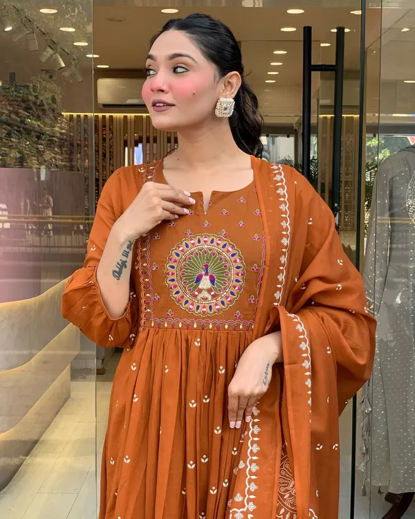Rust_Anarkali_Cotton_Printd_Embellished_Kurta_With_Pant_And_Dupatta_Women_And_Girls