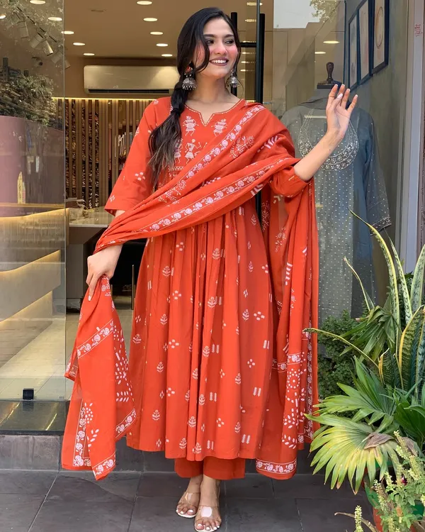 Rust_Anarkali_Cotton_Printd_Embellished_Kurta_With_Pant_And_Dupatta_Women_And_Girls