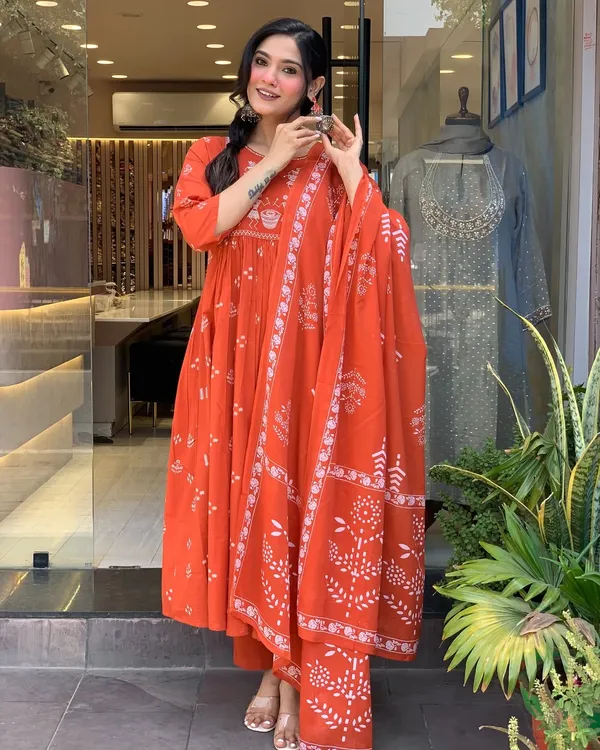 Rust_Anarkali_Cotton_Printd_Embellished_Kurta_With_Pant_And_Dupatta_Women_And_Girls