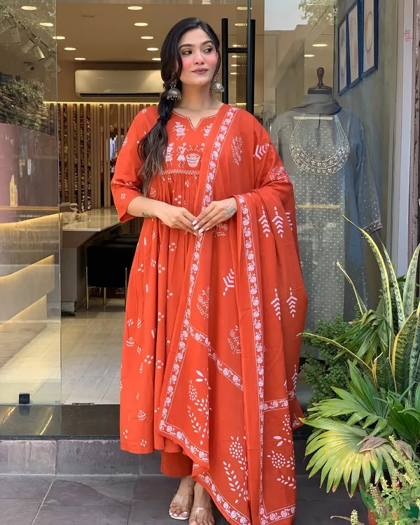 Rust_Anarkali_Cotton_Printd_Embellished_Kurta_With_Pant_And_Dupatta_Women_And_Girls
