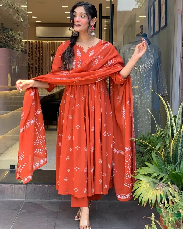 Rust_Anarkali_Cotton_Printd_Embellished_Kurta_With_Pant_And_Dupatta_Women_And_Girls