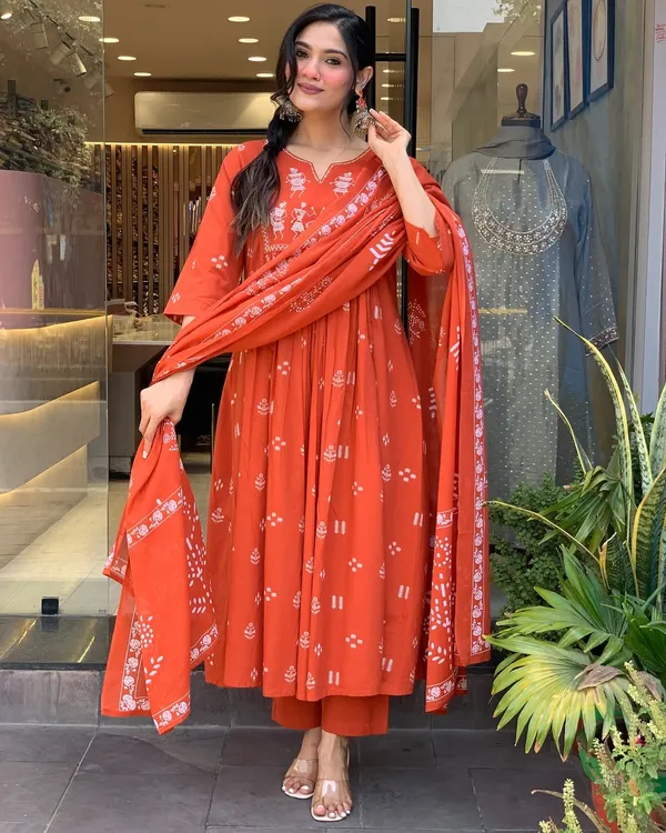 Rust_Anarkali_Cotton_Printd_Embellished_Kurta_With_Pant_And_Dupatta_Women_And_Girls